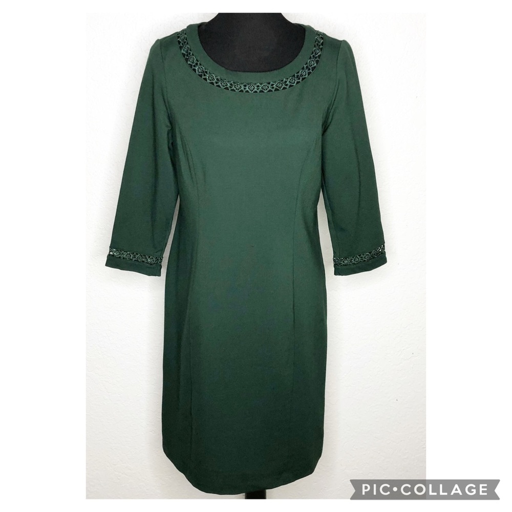 Talbots dark forest green eyelet trim sheath dress size 8